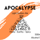 Label picture for Apocalypse Golden Ale with a crowned skull atop a pile of skulls in cartoon outline on an orange paint stripe. 5% Golden Ale Beer