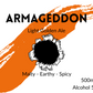 Armageddon label picture with a cartoon bullet hole shot through a dark orange paint stripe. 5.5% golden ale (beer)