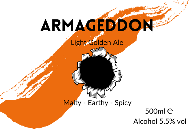 Armageddon label picture with a cartoon bullet hole shot through a dark orange paint stripe. 5.5% golden ale (beer)
